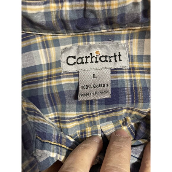Carhartt Men Blue White Plaid 100% Cotton Short Sleeves Button Down Shirt Large - Picture 4 of 7